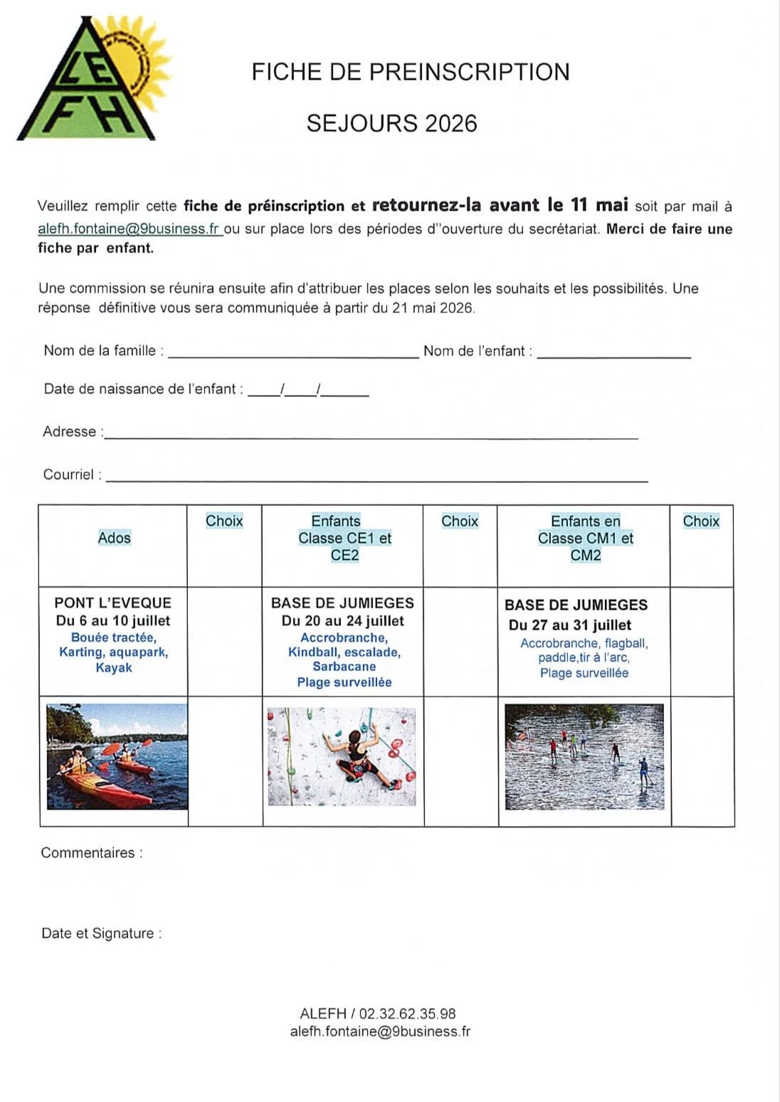 Ancienne fiche de préinscription aux séjours été 2026