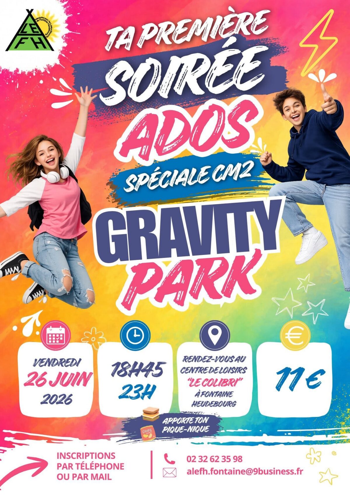 Affiche de la soirée CM2 au Gravity Park du 26 juin 2026